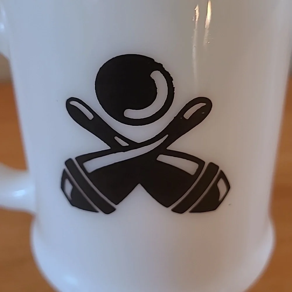 VINTAGE Milk Glass Bowling Theme Double Sided Graphic Pedestal Mug - Picture 10 of 14